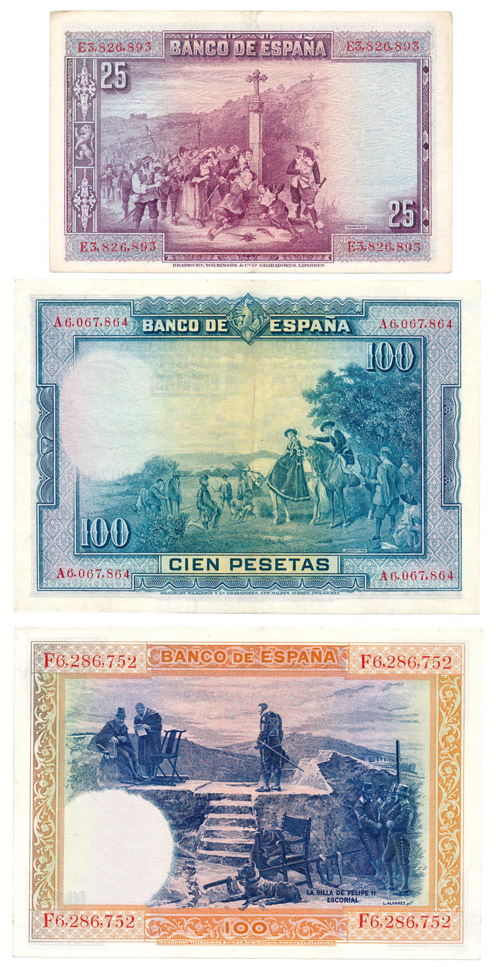 Hiszpania 25-100 pesetas 1925-1928, zestaw 3 banknotów